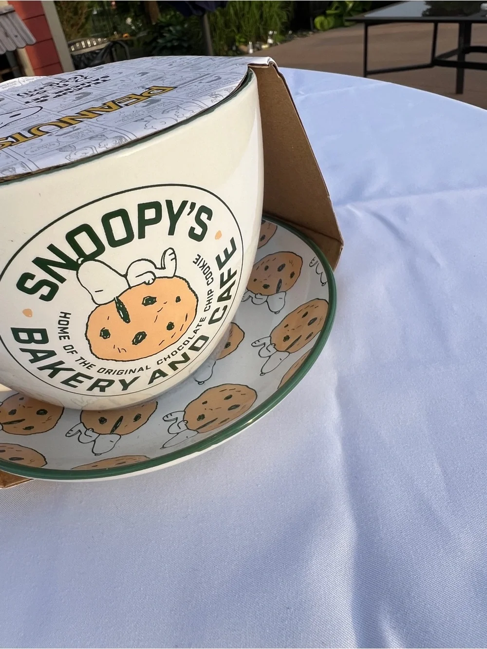 Snoopy's Bakery and Cafe Ceramic Mug and Saucer Set - White with Green Trim